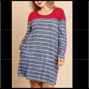 Blue & red striped sweater dress with pockets